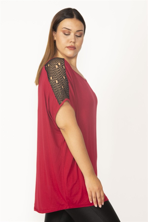 Kadın Bordo Omuz Dantelli V Yakalı Viskon Bluz 65N27507