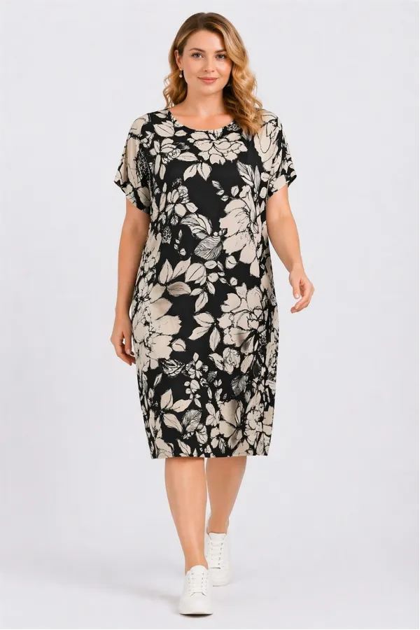 Kadın Büyük Beden Siyah, Çiçek Desenli Cepli Viskon Elbise 65N39471
