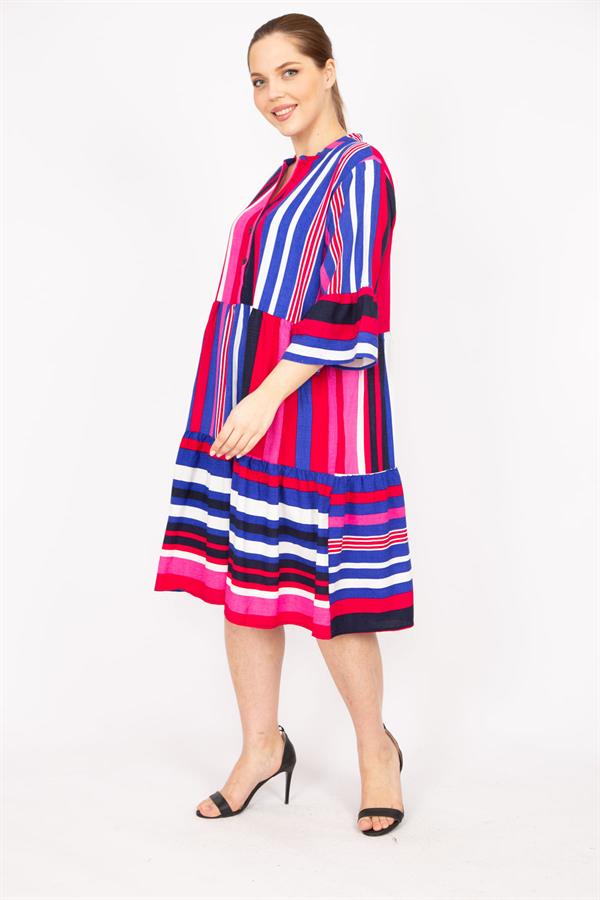 Kadın Fujya Büyük Beden Dokuma Kumaş V Yakalı Ön Pat Düğmeli Katlı Elbise 65N35831