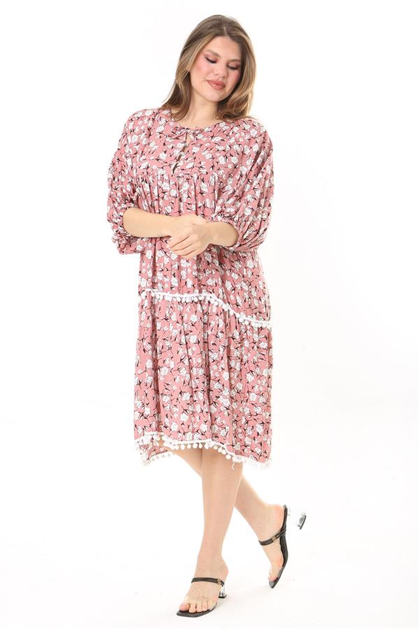 Kadın Büyük Beden Pembe Ön Patı Düğmeli Göğüs Büzgü Ve Ponpon Detaylı Elbise 65N37870
