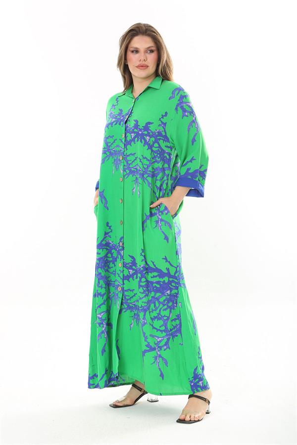 Kadın Büyük Beden Mavi Ön Boy Düğmeli Gömlek Yakalı Uzun Elbise 65N37875