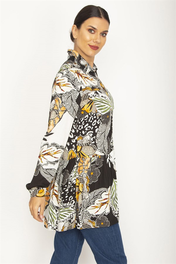 WOMEN'S COLORFUL FLORAL PATTERNED SHIRT WITH HEM DETAILED