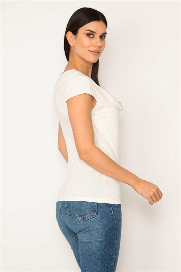 Kadın Kemik Taş Detaylı Düşük Yakalı Bluz