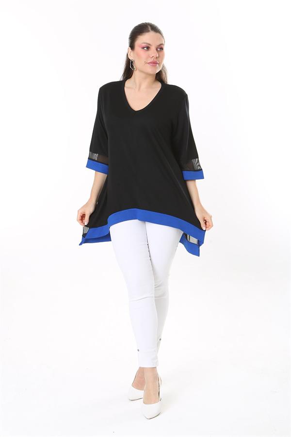 Kadın Büyük Beden Kemik Kol Ve Etek Ucu Tül Ve Garni Detaylı V Yakalı Arkası Uzun Tunik 65N37681