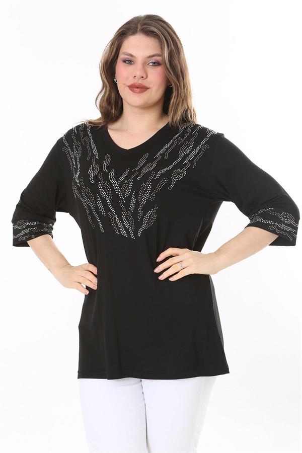 Kadın Büyük Beden Siyah Taş Detaylı Bluz     65N37976