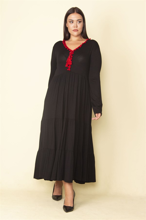 Kadın Kırmızı Yaka Detaylı Belden Büzgülü Katlı Uzun Elbise 65N28082