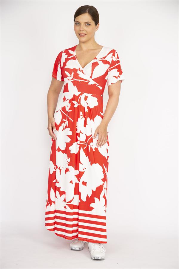 Kadın Kırmızı Büyük Beden Anvelop Yakalı Uzun Elbise