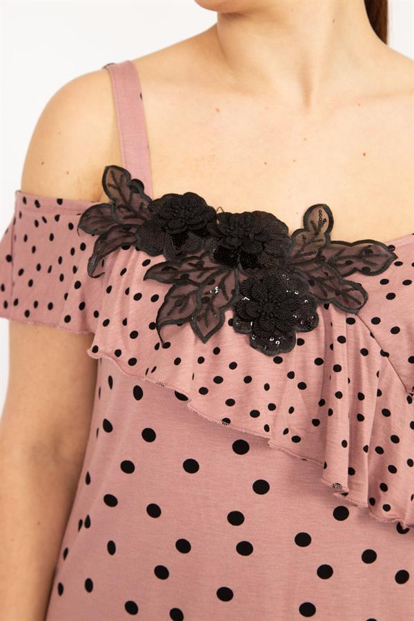 WOMEN'S POWDERY SEQUIN APPLIQUE AND FLOORN DETAILED POINT PATTERNED STRAP BLOUSE