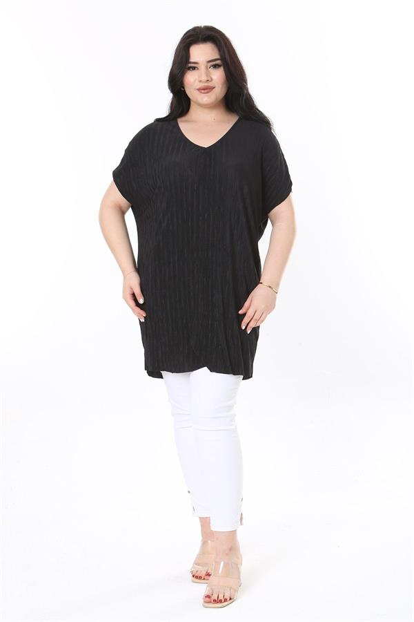 Kadın Büyük Beden Siyah V Yakalı Düşük Kollu Uzun Bluz 65N37999