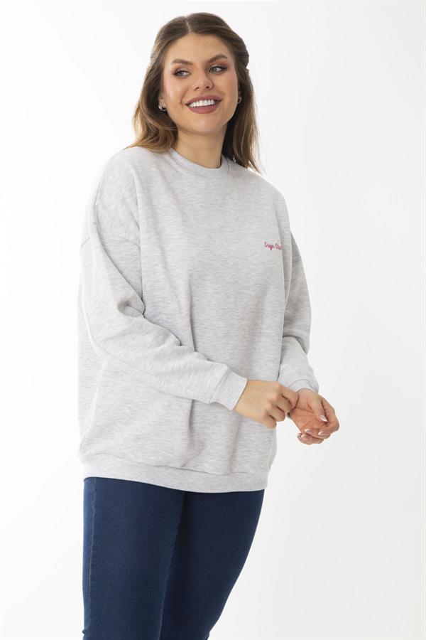 Women's Plus Size Gray Embroidered Inside Swatshirt 65N37008