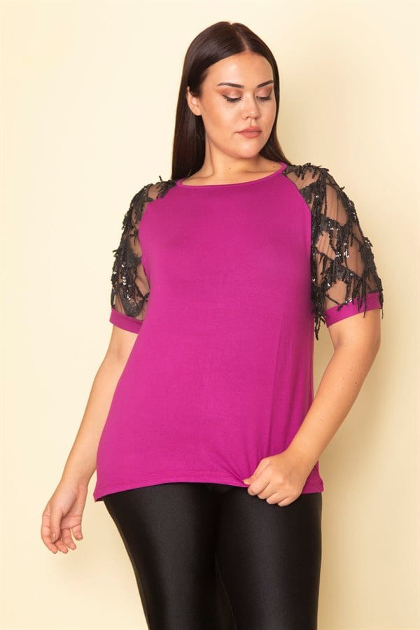 Kadın Fuşya Kolları Tül Payet Detaylı Bluz 65N28746