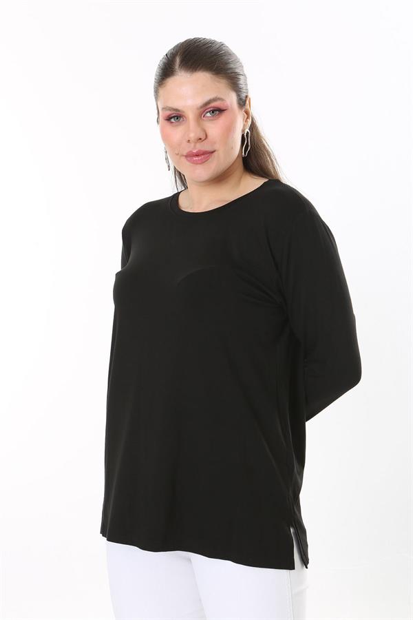 Kadın Büyük Beden Siyah Sırtı Taş Ve Pul Payet Tül Detaylı Uzun Kollu Bluz 65N37691
