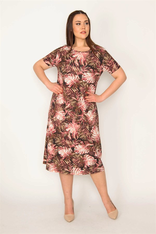 KADIN RENKLİ ÇİÇEK DESENLİ KISA KOL VİSKON ELBİSE