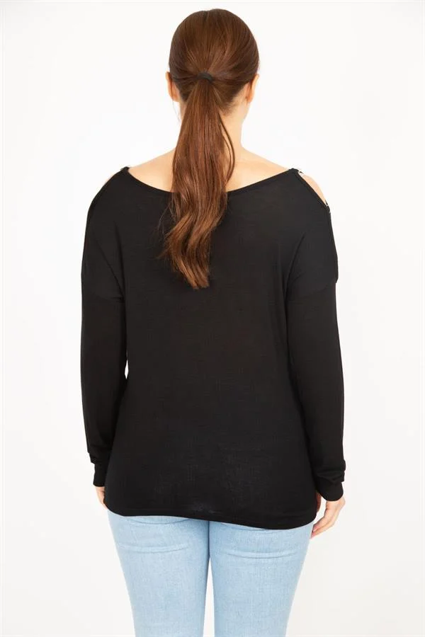 Kadın Siyah Büyük Beden Omuz Dekolteli Bluz