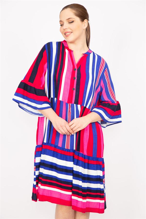 Kadın Fujya Büyük Beden Dokuma Kumaş V Yakalı Ön Pat Düğmeli Katlı Elbise 65N35831