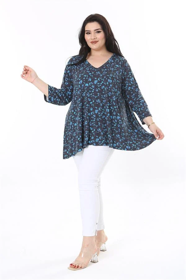 Kadın Büyük Beden Renkli V Yakalı Kapri Kol Desenli Bluz 65N38001