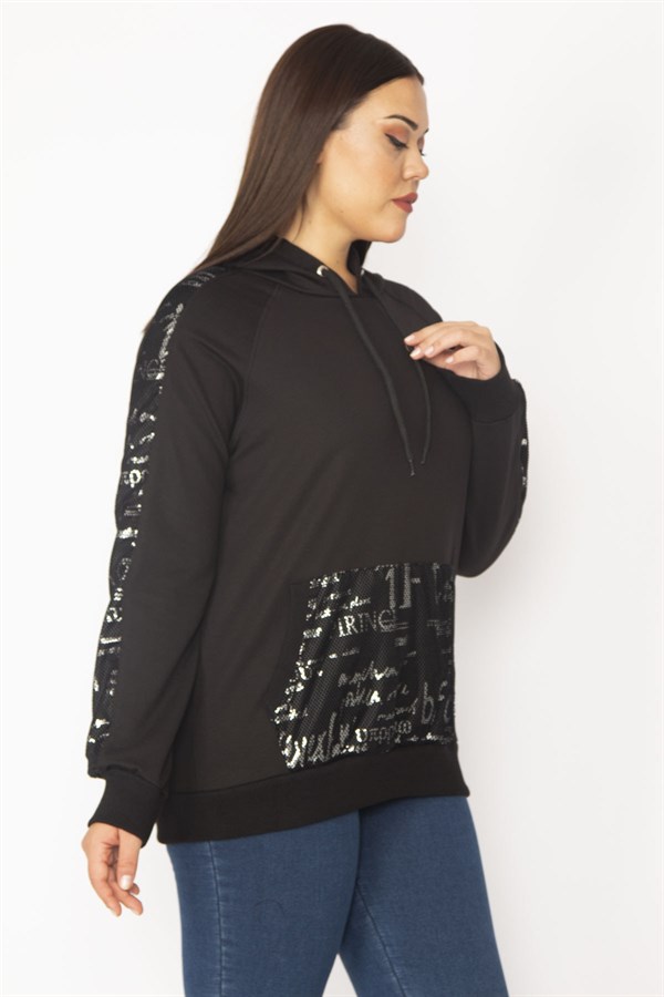 Kadın Siyah Lak Baskı Ve File Detaylı Kapşonlu Kanguru Cepli Sweatshirt 65N28358