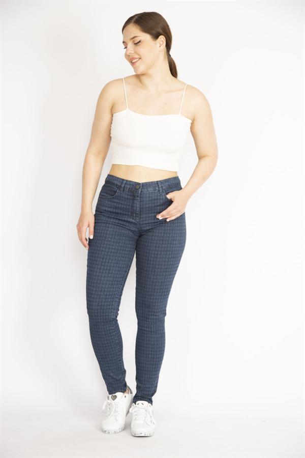 PANTALON FEMME BLEU MARINE À MOTIF HOUGHFOOT 5 POCHES EN LYCRA