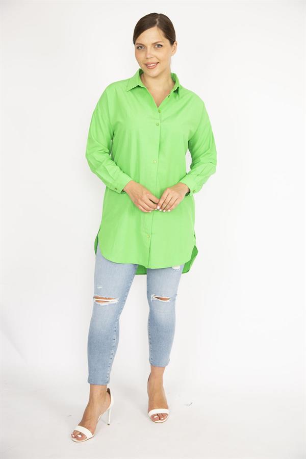 Kadın Büyük Beden Yeşil Ön Düğmeli Uzun Kollu Gömlek 65N37038