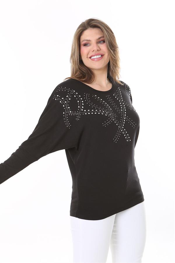 Kadın Büyük Beden Siyah Taş Detaylı Yarasa Kol Bluz 65N37804