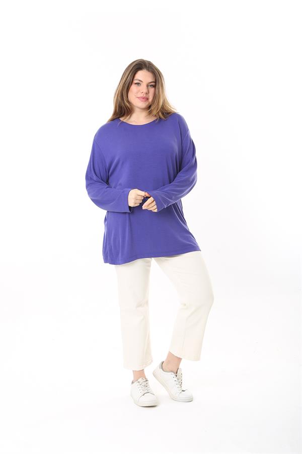 Kadın Büyük Beden Eflatun Bisiklet Yakalı Uzun Kollu Bluz 65N37498