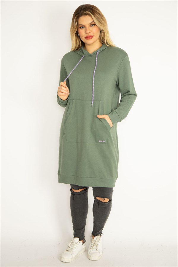 Women's Green Hooded Kangaroo Pocket Long Sweatshirt 65N35070