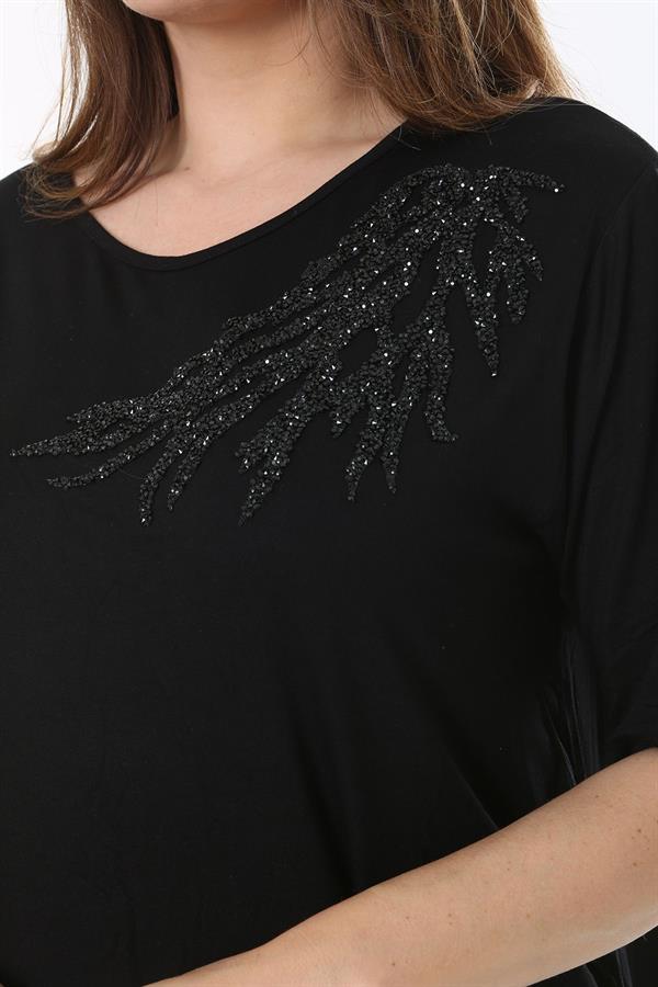 Kadın Büyük Beden Siyah Taş Detaylı Bluz 65N37802