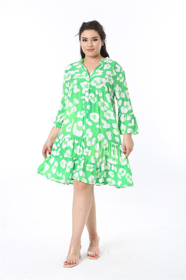Kadın Büyük Beden Yeşil Ön Pat Düğmeli Katlı Elbise 65N38598