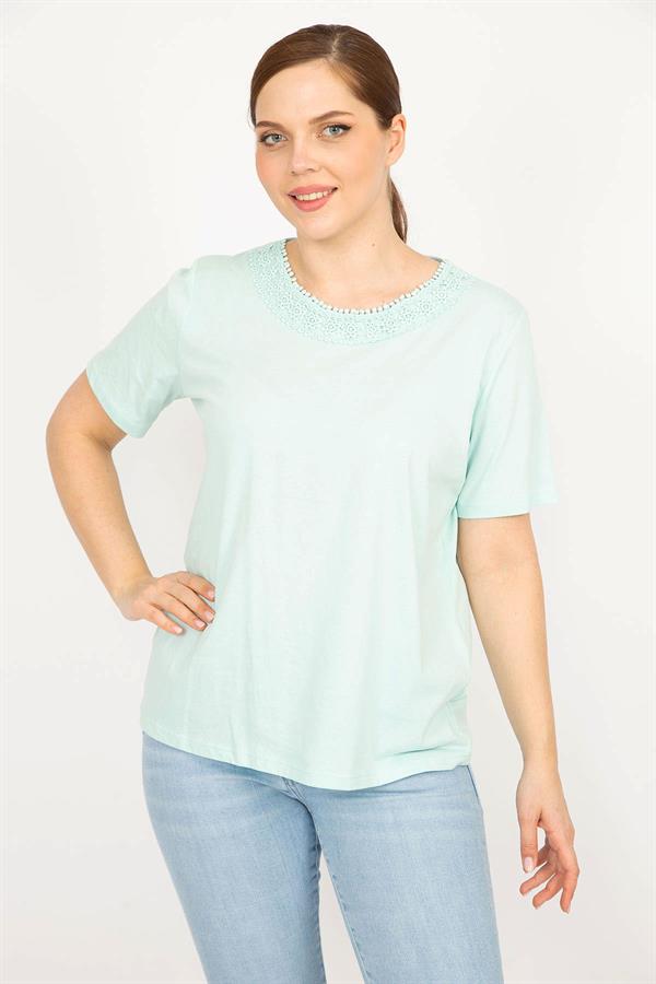 Kadın Lila Büyük Beden Pamuklu Kumaş Dantel Detaylı Bluz