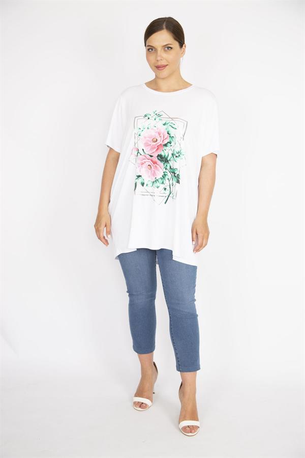 Kadın Beyaz Büyük Beden Rahat Kesim Bisiklet Yakalı Ön Baskılı Tunik