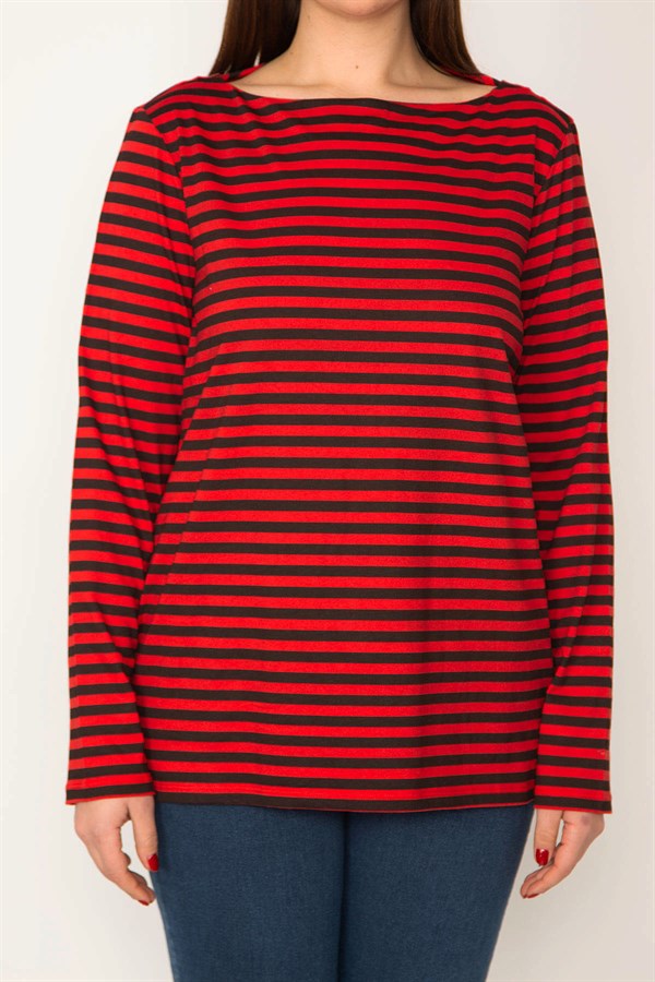 KADIN KIRMIZI BİSİKLET YAKALI UZUN KOLLU ÇİZGİLİ BLUZ