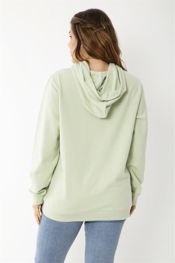 Kadın Büyük Beden Yeşil İçi Şardonlu Baskı Ve Kapşon Detaylı Kanguru Cepli Sweatshirt 65N37209