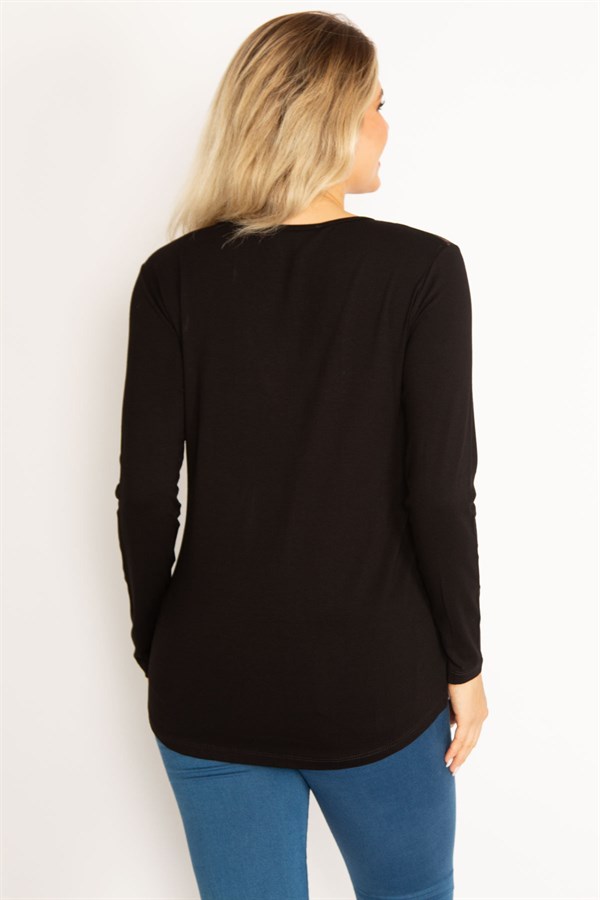 Kadın Siyah Omuz Robası Dantel Taş Ve Baskı Detaylı Tunik 65N34682