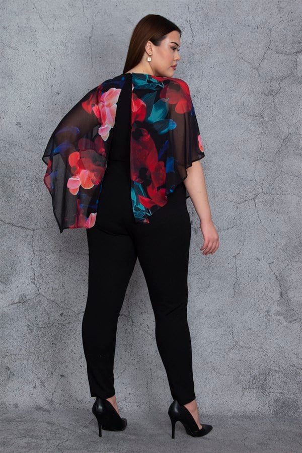 Kadın Siyah Üst Kısmı Şifon Pelerin Detaylı Tulum 65N23917