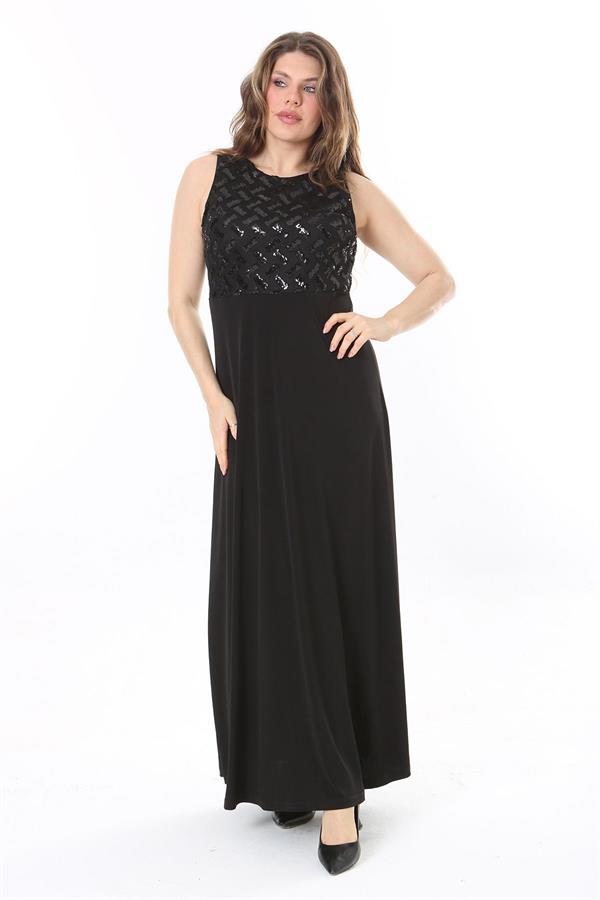 Kadın Büyük Beden Siyah Payet Detaylı Elbise 65N37955