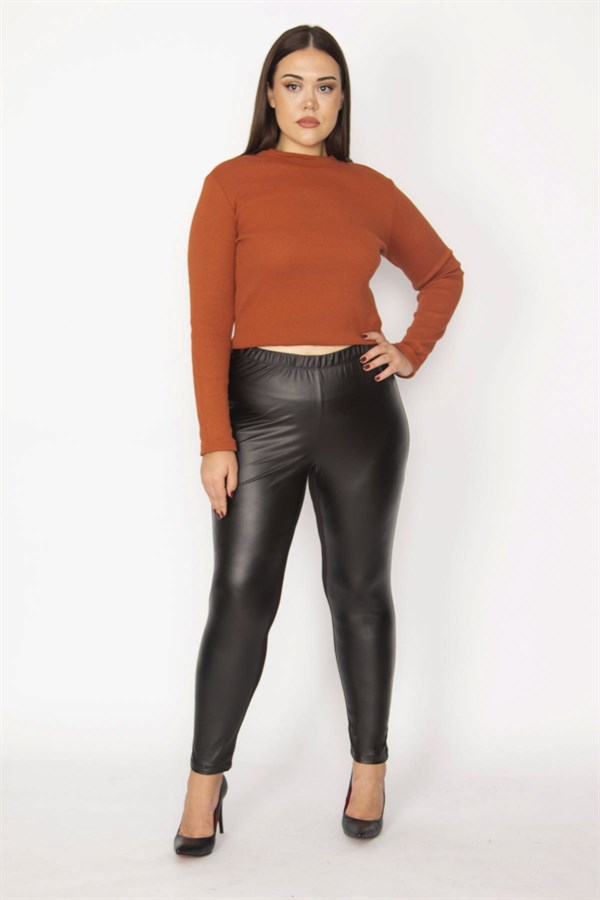 Women's Black Faux Leather Front Coated Viscose Fabric Back Leggings Trousers 65N30030