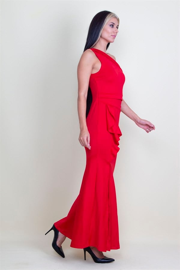 ROBE DE SOIRÉE À UNE ÉPAULE AVEC DÉTAILS À VOLANTS