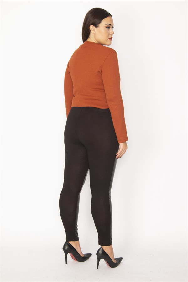 Women's Black Faux Leather Front Coated Viscose Fabric Back Leggings Trousers 65N30030