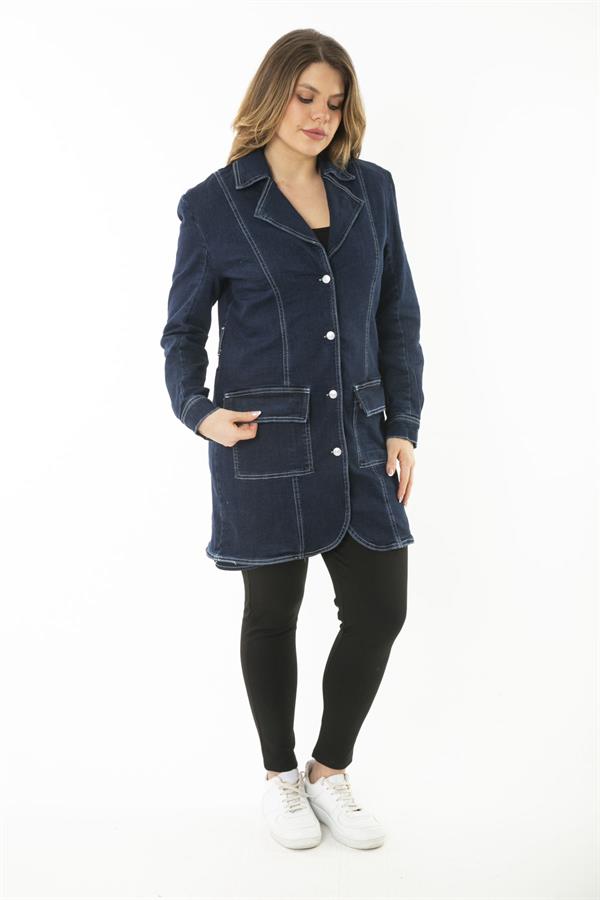 MANTEAU FEMME EN DENIM LYCRA BLEU MARINE AVEC BOUTON ET POCHE DEVANT
