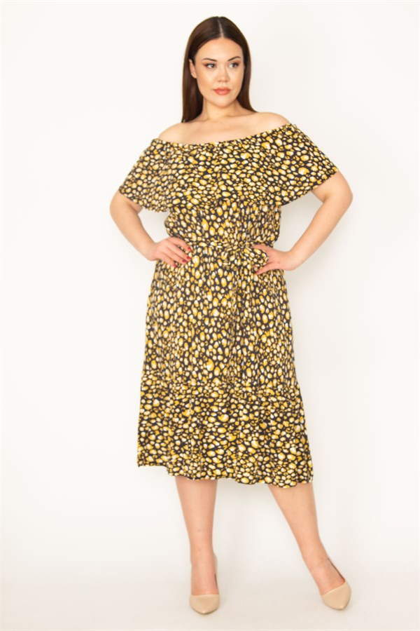 KADIN KEMİK PUAN DESEN YAKASI LASTİK VE VOLAN DETAYLI ETEĞİ KATLI DOKUMA VİSKON KUMAŞ ELBİSE