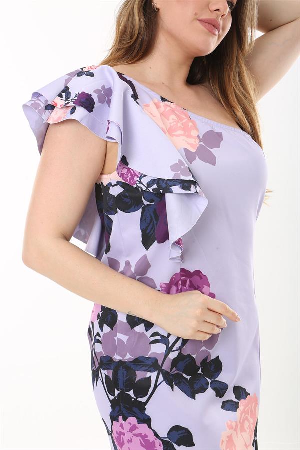 Kadın Büyük Beden Lila Volan Kollu Tek Omuzlu Elbise 65N37563