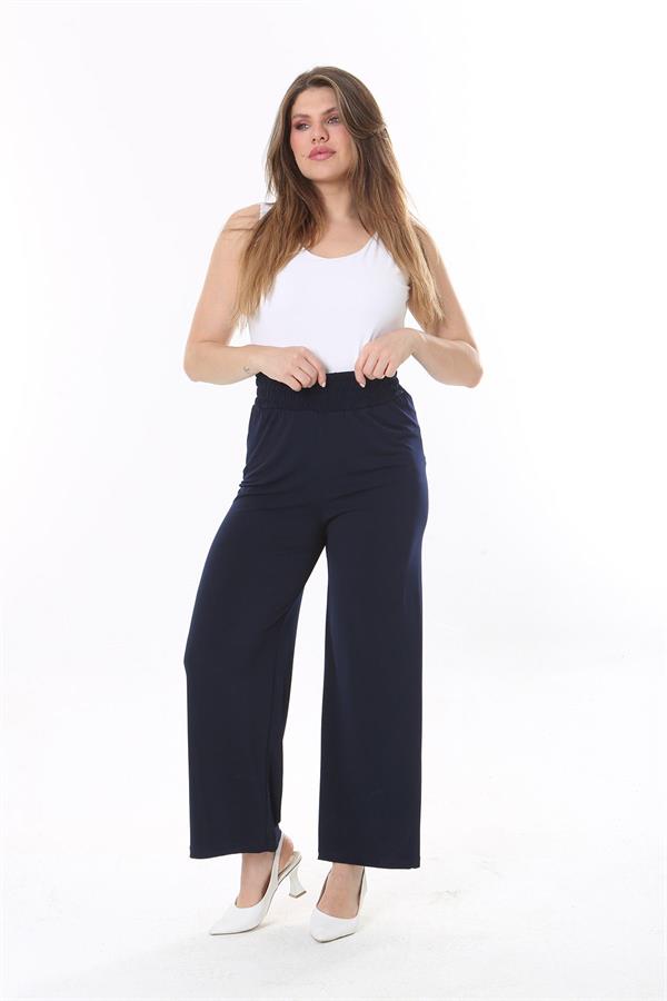 Kadın Büyük Beden Lacivert Beli Geniş Lastikli Likralı Jarse Pantolon 65N37845