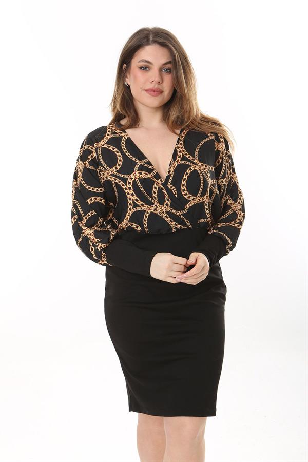 Kadın Büyük Beden Siyah Anvelop Yakalı Uzun Kollu Elbise 65N37628