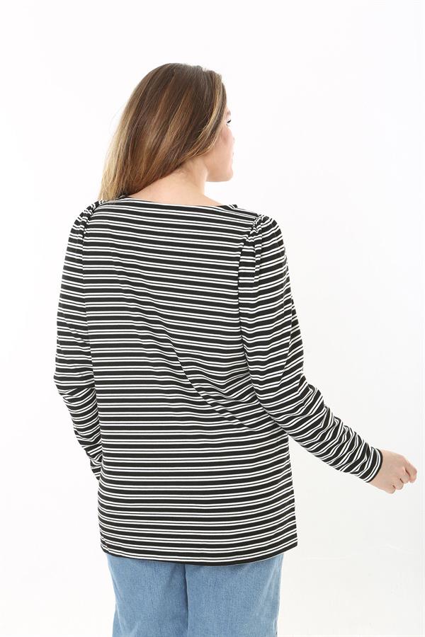Kadın Büyük Beden Siyah Omuz Büzgülü Bisiklet Yakalı Çizgili Bluz 65N37524