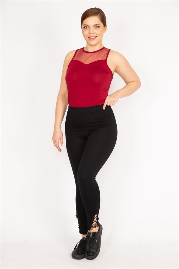 Kadın Siyah Büyük Beden Paçası Dantel Detaylı Toparlayıcı Tayt Pantolon