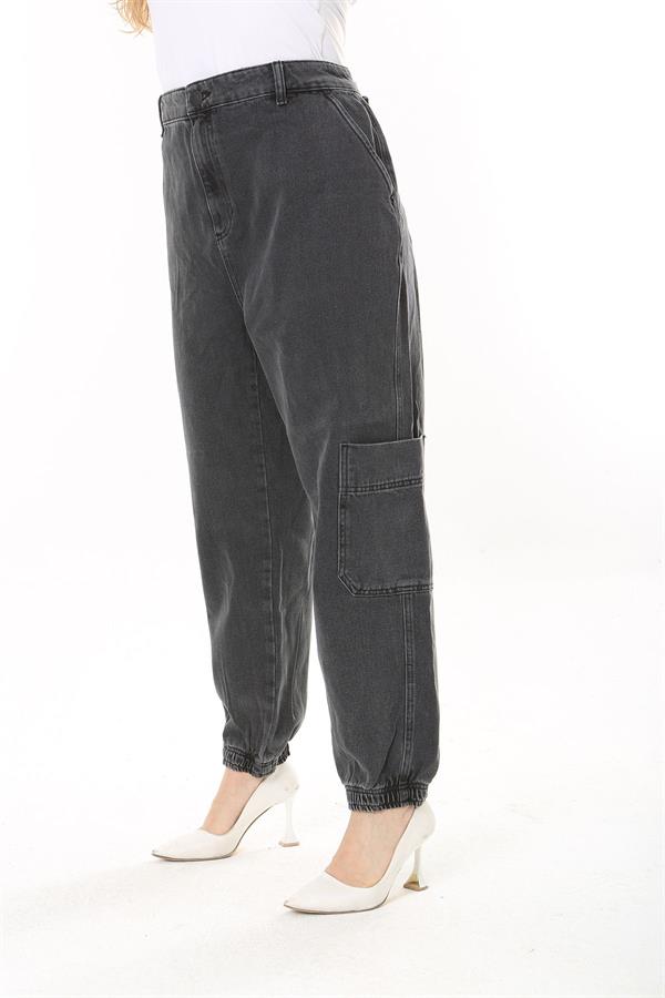 Kadın Büyük Beden Füme Kargo Cepli Paçası Lastik Detaylı Kot Pantolon 65N38028