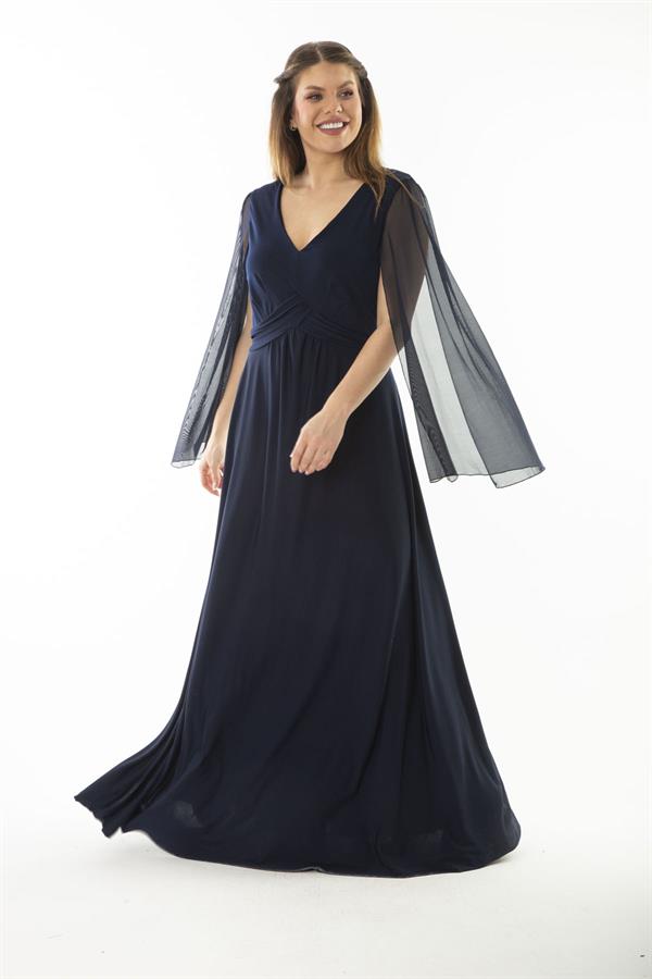 Kadın Büyük Beden Lacivert Bel Detaylı Kolları Tül Abiye Elbise 65N37065