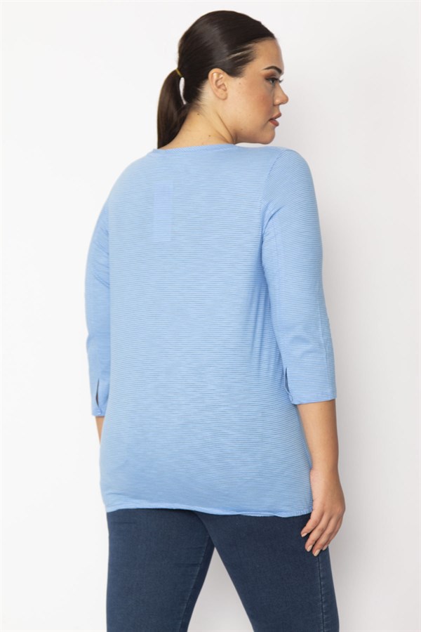Kadın Mavi Etek Ucu Lastik Detaylı Kapri Kol İnce Çizgili Bluz 65N34394