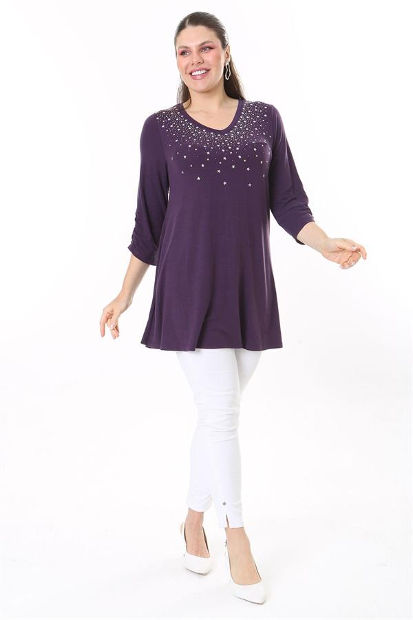 Kadın Büyük Beden Mürdüm Taş Detaylı Kapri Kollu Tunik 65N37696