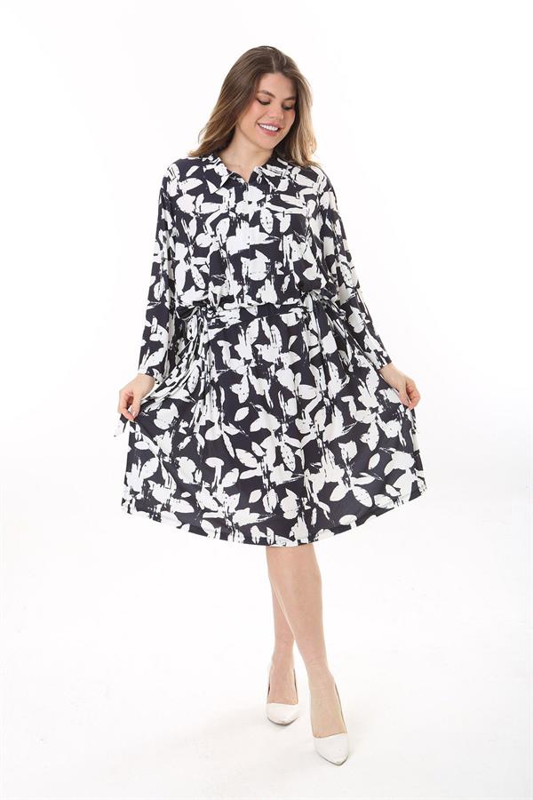 Kadın Büyük Beden Siyah Ön Pat Fermuarlı Beli Tünel Bağcıklı Kapri Kollu Elbise 65N37623